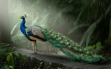 Naklejka premium Majestic Peacock Displays Vibrant Plumage in Lush, Green Forest Setting