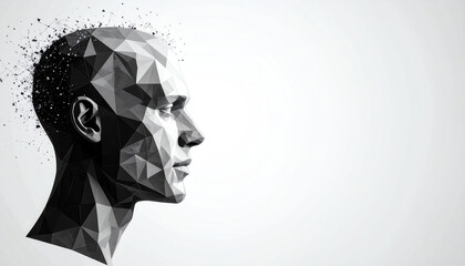 A stylized, geometric representation of a human head, featuring a fragmented design that suggests the concept of thought or creativity