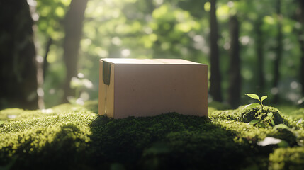 3D packaging box spinning animation mockup, recycled cardboard texture, placed above mossy forest ground, soft natural light, sustainability concept visual.