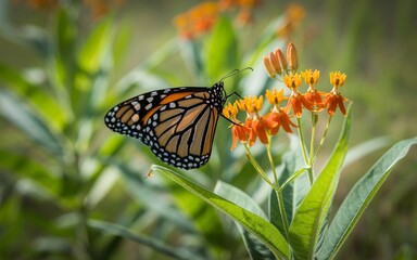 Obraz premium Monarch Butterfly Sipping Nectar from Bright Orange Milkweed Flowers in Summer