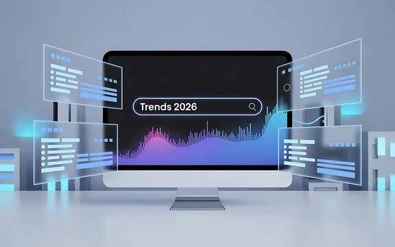Futuristic computer displaying financial data and charts with holographic interfaces monitor screen - Powered by Adobe