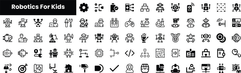 A collection of fun, black-and-white robotics icons for kids, featuring friendly robots, tools, and gaming elements, encouraging creativity and STEM learning.