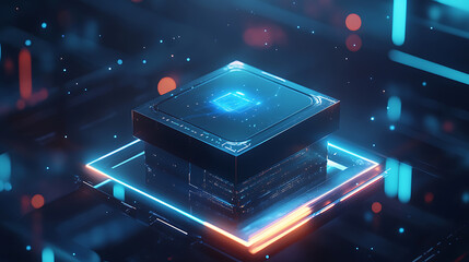 futuristic 3D packaging box mockup, floating and rotating in zero gravity, holographic UI elements around, glowing edges, sci-fi inspired display background.
