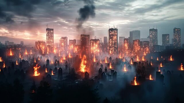 A horizon dotted with holographic fires symbolizing hope flickering a highrise graves amidst a swirling fog of uncertainty.