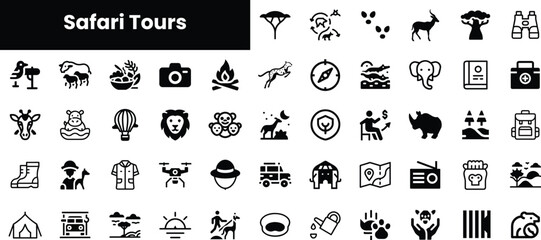 A diverse collection of safari tour icons, featuring wildlife, activities, and gear, reflecting the excitement of adventure in nature's wilderness.