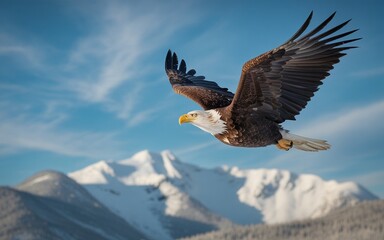 Obraz premium Majestic Bald Eagle Soaring Above Snow-Capped Mountains Under a Clear Blue Sky