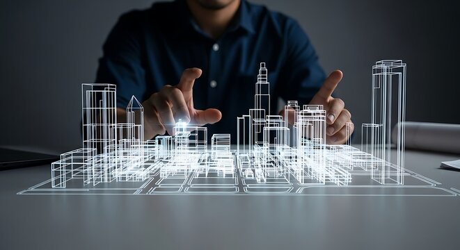Man interacting with a holographic projection of a city skyline, showcasing digital architecture and urban planning. - Powered by Adobe