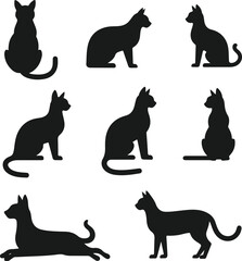 Collection of seven black cat silhouettes in various poses on white background