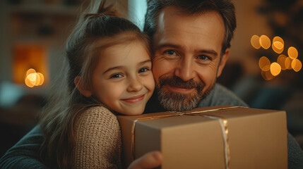 Father and daughter hugging with gift box