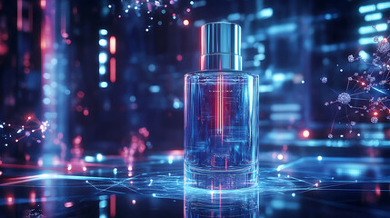 futuristic cosmetic bottle 3D twist animation mockup, glowing silver bottle, floating in holographic display, sci-fi lab background with digital particles.