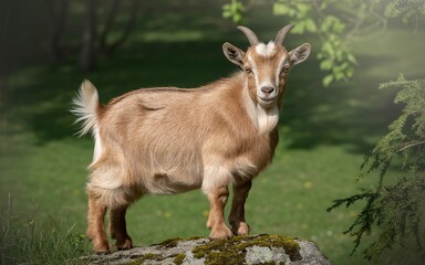 Majestic goat portrait on mossy rock, sun-dappled meadow backdrop, serene and captivating