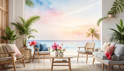 Obraz premium Tropical paradise home decor: serene beachfront living, pastel skies, palm trees & vibrant flowers. Ideal for home, travel & lifestyle ads