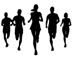 Silhouette of crowd of young people running, morning jogging, isolated icon on white background.	