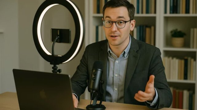 Professional Online Presenter Recording Webinar with Microphone and Ring Light Setup