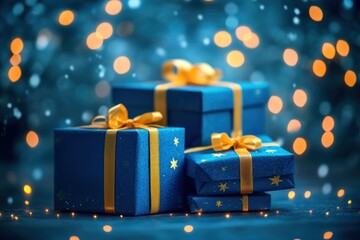 Stack of blue presents with yellow ribbons in a soft glowing environment, holiday celebration concept