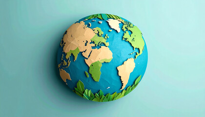 Fototapeta premium A colorful, artistic representation of Earth with paper-like textures and green leaves, symbolizing nature and environmental awareness