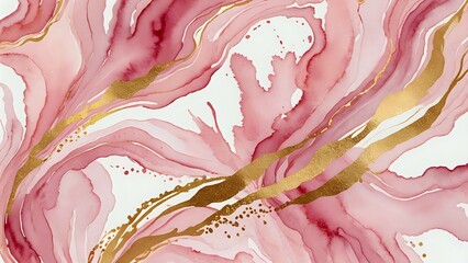 Blush pink watercolor with flowing gold foil accents evokes soft luxury and romantic charm