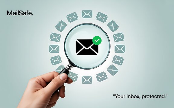 Hand holding magnifying glass over email icon surrounded by envelopes image