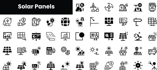 Diverse black and white icons depicting solar energy concepts, including panels, batteries, and environmental elements, ideal for renewable energy projects.