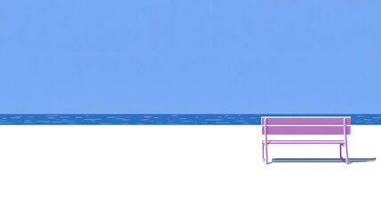 Serene Beach Bench, Minimalist Seascape Illustration
