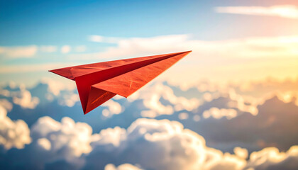 Fototapeta premium A red paper airplane soars through a bright sky filled with fluffy clouds, symbolizing freedom and imagination