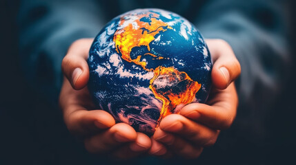 Hands holding Earth with digital network overlay