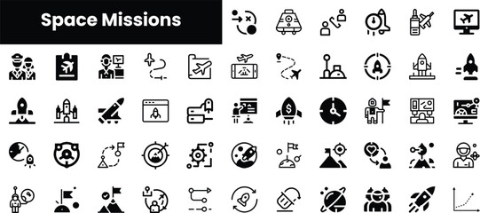An array of black icons related to space missions, showcasing astronauts, rockets, planets, and technology, symbolizing exploration and innovation in space travel.