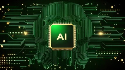 Artificial intelligence microchip glowing green circuit board electronic connections digital data flow advanced technology futuristic innovation connection electronic technology digital data - Powered by Adobe