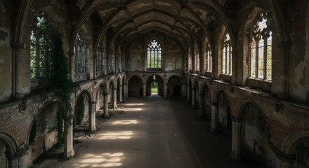 Fototapeta premium Large hall of abandoned building in gothic style.