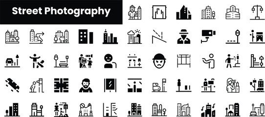 A collection of minimalist black and white icons depicting various street photography elements, featuring buildings, street scenes, and human activities. © Purlo Hop