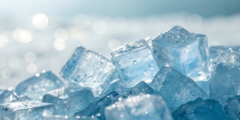 Close up macro view of translucent ice cubes with water droplets sparkling in soft natural light