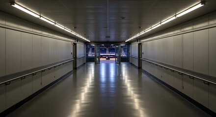 A look down a stadium sports corridor through open glass doors to a lit arena in the distance
