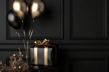 Sophisticated 3D mockup of gift package and balloon, moody black and gold theme