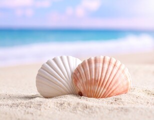 해변 모래 위에 연분홍의 조개 껍데기 Pink seashells on the beach sand
