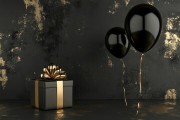 Sophisticated 3D mockup of gift package and balloon, moody black and gold theme