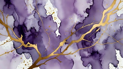 Muted lavender and stone grey watercolor with cracked gold foil veins suggest refined elegance and poise