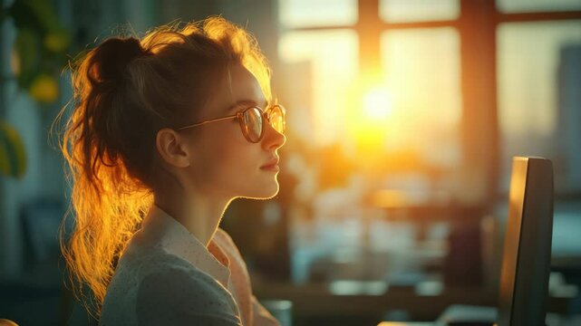 Young female with glasses working on computer in office during sunset with warm sunlight creating calm focused atmosphere technology work environment golden hour productivity