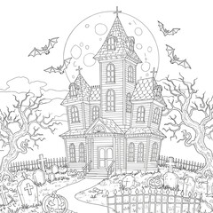 Obraz premium A gothic haunted house with tall spires stands in a graveyard under the full moon, surrounded by leafless trees, tombstones, bats, and a jack-o’-lantern.