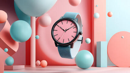 3D watch mockup floating in mid-air, surrounded by abstract geometric shapes, pastel background, dynamic layout, bold and modern creative style.