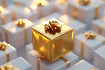 Single golden gift box in group of white boxes, spotlight highlighting metallic shine