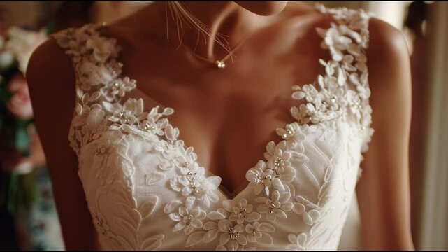 Bride preparing for wedding ceremony in elegant dress surrounded by bridesmaids