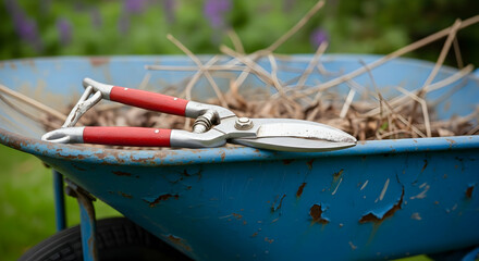 Garden Shears on Rustic Blue Wheelbarrow with Yard Debris