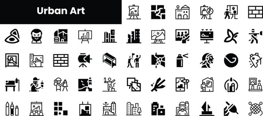 A collection of monochromatic icons representing various aspects of urban art, creativity, and community engagement in a sleek graphic design. © Purlo Hop
