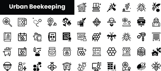 A clean and organized collection of black and white icons representing urban beekeeping, including bees, hives, honey jars, and gardening elements.