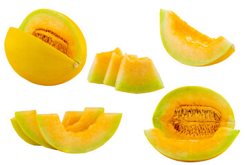 High Quality PNG Picture of orange honeydew melon melon slices on white background.