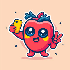 Obraz premium cheerful human heart organ character mascot taking a selfie with a smartphone isolated cartoon 