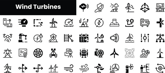 A collection of minimalistic black icons representing wind turbines and related concepts, showcasing innovation and sustainability in renewable energy.