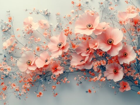 Fototapeta Delicate arrangement of pastel pink flowers and small blossoms