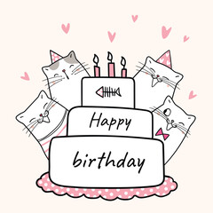 A birthday cake with cats celebrating candles and a fish skeleton on top of the cake