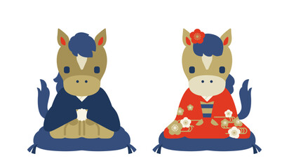 正月　着物を着た馬のイラスト